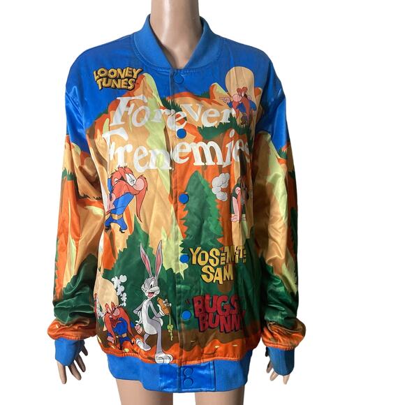 Looney Tunes Satin Bomber Jacket Mens XL Frenemies Bugs Bunny Yosemite Sam - Picture 15 of 15